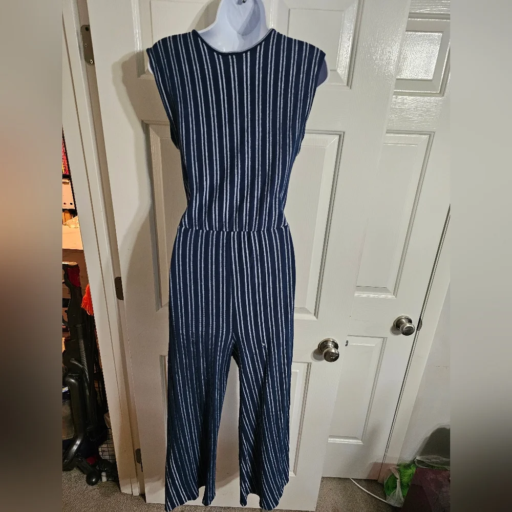 Caution to the Wind Women’s Small Navy White Striped Linen Jumpsuit Coastal - Picture 3 of 5